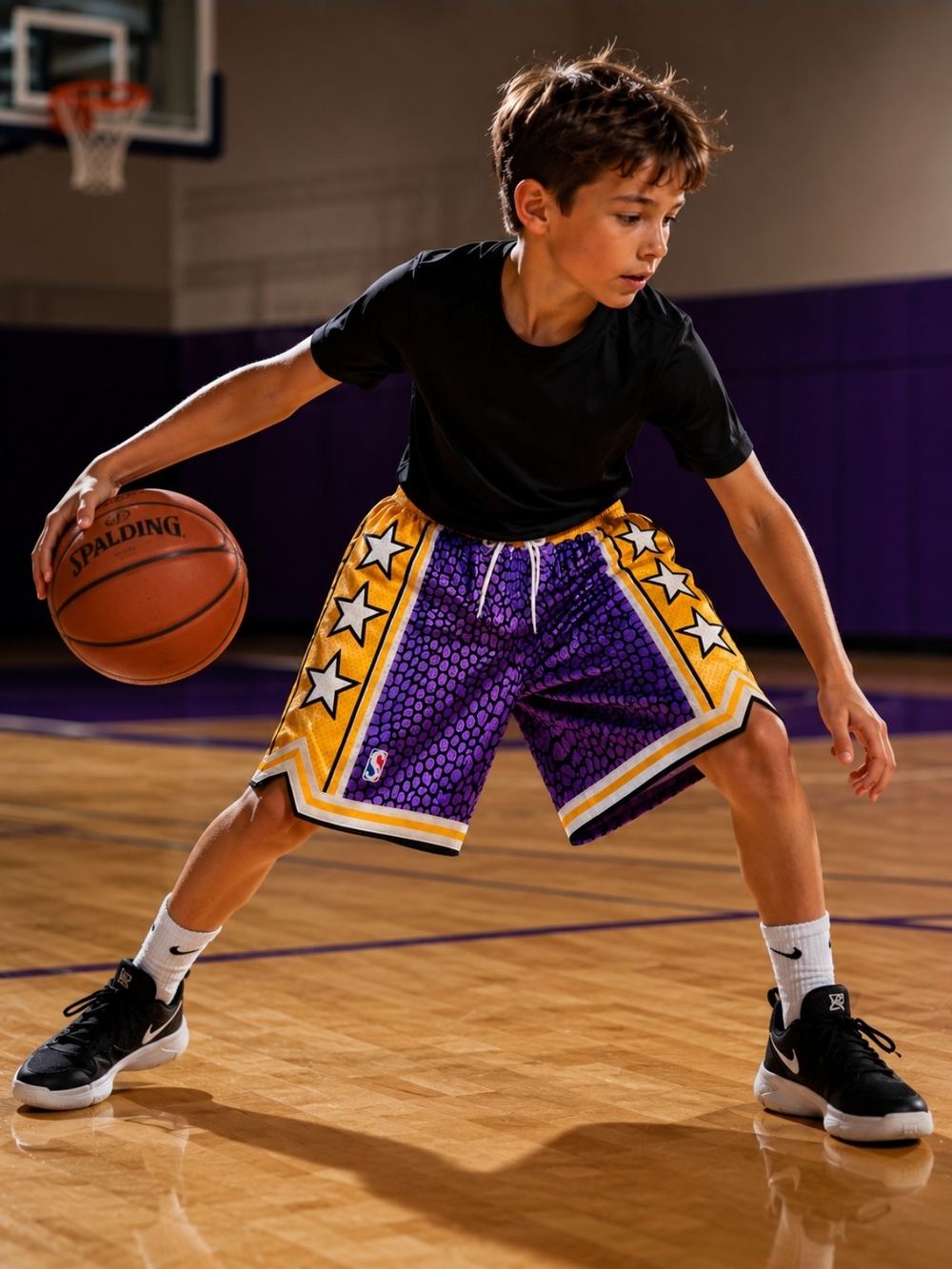 Youth S Basketball Shorts Purple Yellow Star Print Athletic Mesh Drawstring
